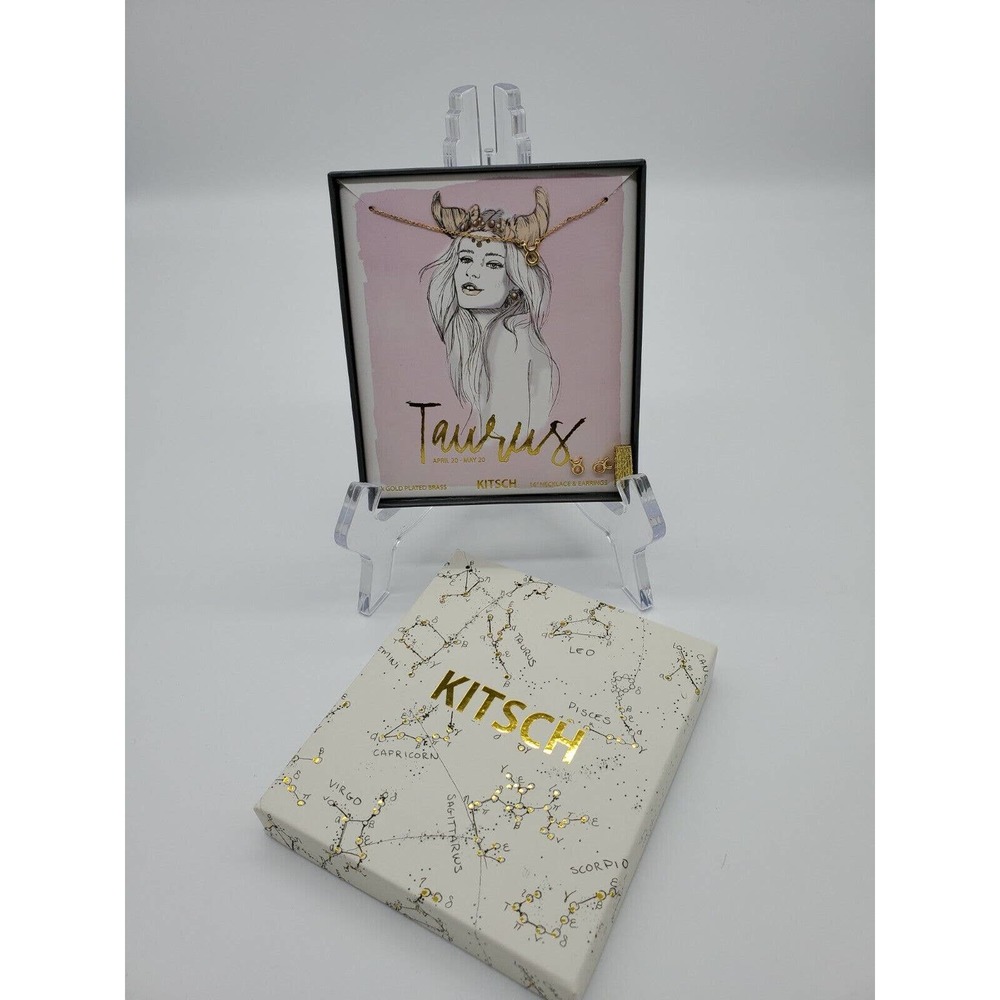 Kitsch Zodiac Charm Taurus Set 18in Necklace & Earrings 14K Gold Plated